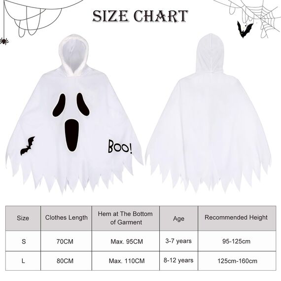 Gespenst Kostüm Kinder mit Leuchtendem,3-12 Jahre Halloween Kostüm Geist Umhang Weiß mit Kapuze & Kürbis Bag,Geistergesicht Boo Geister Kostüme Mädchen Jungen für Halloween Karneval Cosplay(L)
