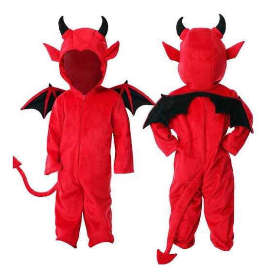 Generisch Halloween Kostüm Kinder Rot Teufelchen Kostüm Inklusive Flügel Body Overall Jumpsuits mit Kapuze Faschingskostüme Teufel und Dämonen für Partys und Feiern 2-8 Jahre