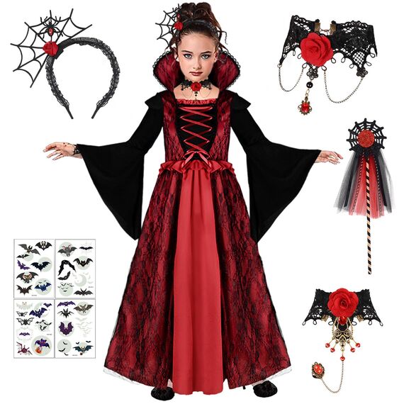 Vampir Kostüm Mädchen - Karneval Kostüm Kinder Vampir Kleid Kostüme Dress Up, Halloween Costume Mädchen Cosplay Gothic Kostüme mit Halskette und Vampire Zähne für Fasching Karneval Dracula Party