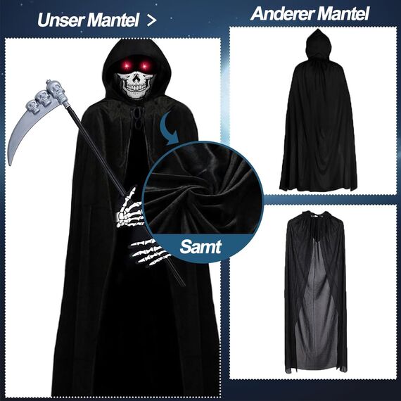 YADODO Sensenmann Kostüm Kinder Junge Mädchen mit Sense Mask 134 140 146 152 Gruselig Halloween Kostüm Kinder Sensenmann Umhang mit Kapuze Schwarzer Scream Reaper Tod Kostüm Sensenmann Kind