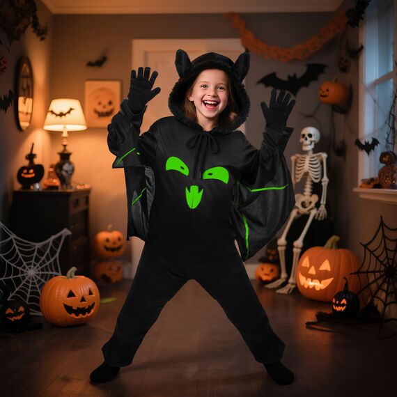 Fledermaus Kostüm Kinder,Unisex Halloween Kostüm Fledermaus Glow in the Dark mit Tattoo & Handschuhe,3-11 Jahre Fledermauskostüm Kinder Junge Mädchen Halloween Fledermausanzüge Karneval Kostüme(S)