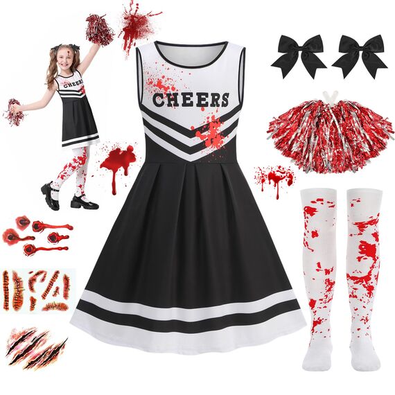 Halloween Kostüm Kinder, Zombie Cheerleader Kostüm, Monster High Faschingskostüme mit Strümpfen Pom Poms Tattoos, 9 PCS Halloween Cheerleader Horror Braut Kostüm für 10-12 Jahre Teenager Mädchen