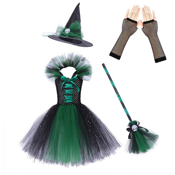 Generisch Hexenkostüm Kinder - Hexenkostüm Mädchen Set 4-Teilig：Hexenhut,Tasche,Kleid Mit Zauberstab Cosplay Elegant Witch Costume Hexe Kostüm Für Faschingskostüme Karneval Kostüm Party