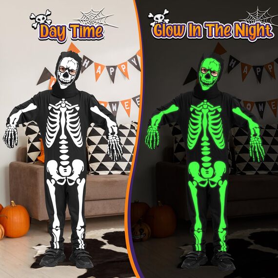 Lubolee Halloween Kostüm Kinder, Skelett Kostüm Kinder Leuchtend für Jungen mit Ganzkörperanzug und Handschuhen Karneval
