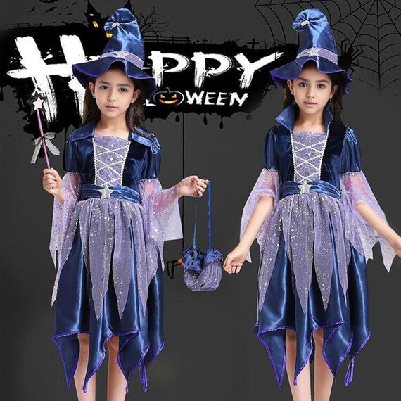 Generisch Karneval Kostüm Kinder, Hexenkostüm Kinder - Hexenkostüm Mädchen Set 4-Teilig：Hexenhut,Tasche,Kleid Mit Zauberstab Cosplay Elegant Witch Costume Hexe Kostüm Für Faschingskostüme Party