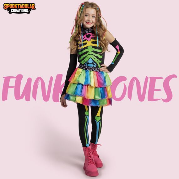 Spooktacular Creations Funky Punky Bones Buntes Skelett Deluxe Mädchen Kostüm Set mit Haarverlängerungen für Halloween Kostüm Anzieh Partys