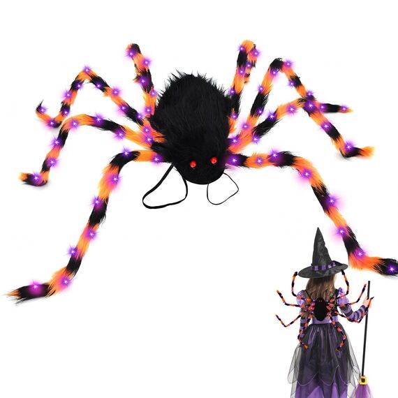 TETSMG Halloween Kostüme Spinne Rucksack, Halloween Deko Horror Plüsch Spinnen Kostüm für Kinder und Erwachsene mit 8 modi Lichtern, Spinnenkostüm, Süßigkeitentasche, Lustige Kostüm Kinder Spinne