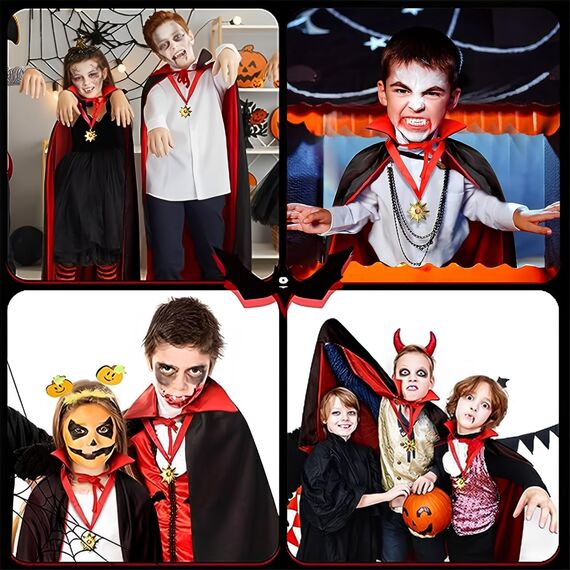 Winwild 3 Stück Vampir Kostüm Kinder Set,120CM Vampir Umhang Halloween mit Vampire Zähne & Kunstblut,9-12 Jahre Halloween Umhang Schwarz Rot Vampire Cape Dracula Kostüm Jungen Mädchen