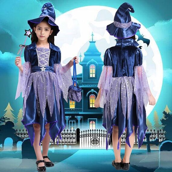 Generisch Karneval Kostüm Kinder, Hexenkostüm Kinder - Hexenkostüm Mädchen Set 4-Teilig：Hexenhut,Tasche,Kleid Mit Zauberstab Cosplay Elegant Witch Costume Hexe Kostüm Für Party
