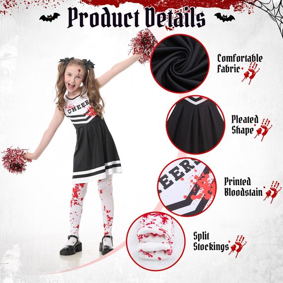 Halloween Kostüm Kinder, Zombie Cheerleader Kostüm, Monster High Faschingskostüme mit Strümpfen Pom Poms Tattoos, 9 PCS Halloween Cheerleader Horror Braut Kostüm für 10-12 Jahre Teenager Mädchen