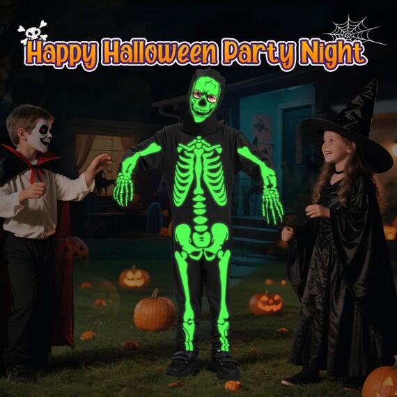 Lubolee Halloween Kostüm Kinder, Skelett Kostüm Kinder Leuchtend für Jungen mit Ganzkörperanzug und Handschuhen Karneval