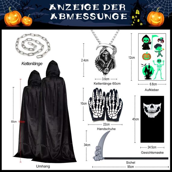 YADODO Sensenmann Kostüm Kinder Junge Mädchen mit Sense Mask 134 140 146 152 Gruselig Halloween Kostüm Kinder Sensenmann Umhang mit Kapuze Schwarzer Scream Reaper Tod Kostüm Sensenmann Kind