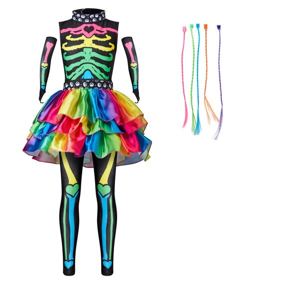 Spooktacular Creations Funky Punky Bones Buntes Skelett Deluxe Mädchen Kostüm Set mit Haarverlängerungen für Halloween Kostüm Anzieh Partys