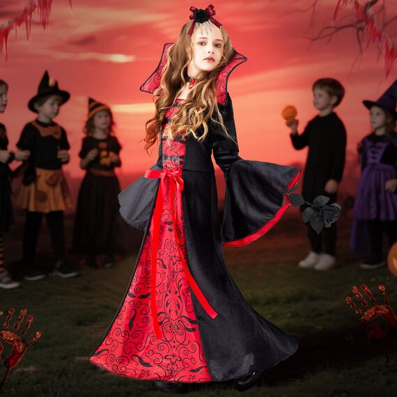 Lubolee Karneval Kostüm Mädchen, Gruseliges Faschingskostüme Vampir Kostüm Kinder Mädchen, Vampir Kostüm Kinder Set Mit Kopfschmuck, Halsketten, Schwarze Rosen und Leuchtende Tattoo-Aufkleber