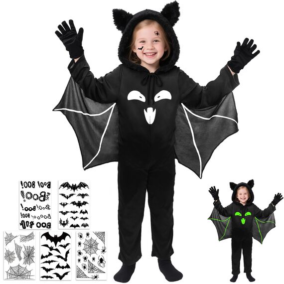Fledermaus Kostüm Kinder,Unisex Halloween Kostüm Fledermaus Glow in the Dark mit Tattoo & Handschuhe,3-11 Jahre Fledermauskostüm Kinder Junge Mädchen Halloween Fledermausanzüge Karneval Kostüme(XS)