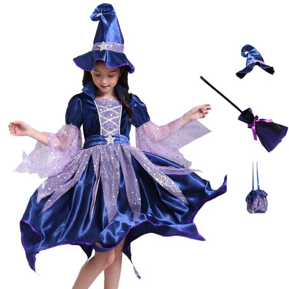Generisch Faschingskostüme Kinder, Hexenkostüm Kinder - Hexenkostüm Mädchen Set 4-Teilig：Hexenhut,Tasche,Kleid Mit Zauberstab Cosplay Elegant Witch Costume Hexe Kostüm Für Karneval Kostüm Party