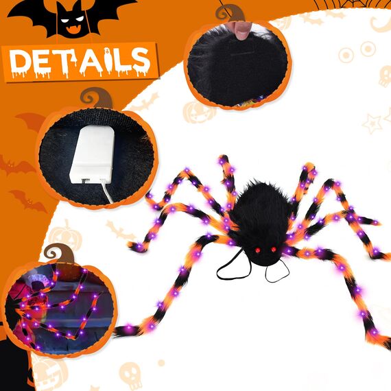 TETSMG Halloween Kostüme Spinne Rucksack, Halloween Deko Horror Plüsch Spinnen Kostüm für Kinder und Erwachsene mit 8 modi Lichtern, Spinnenkostüm, Süßigkeitentasche, Lustige Kostüm Kinder Spinne