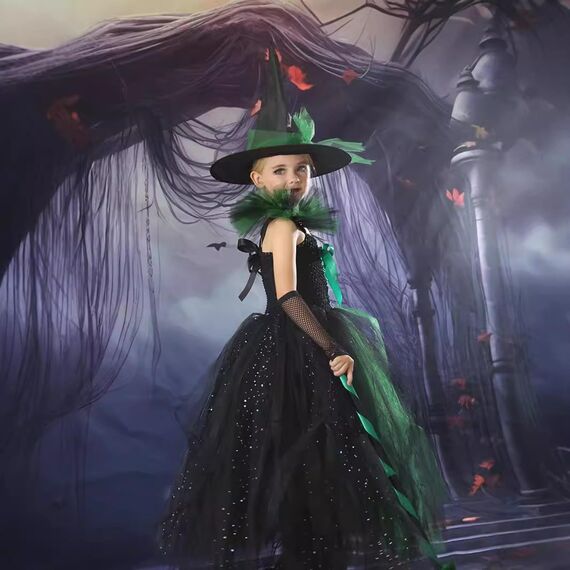 Generisch Hexenkostüm Kinder - Hexenkostüm Mädchen Set 4-Teilig：Hexenhut,Tasche,Kleid Mit Zauberstab Cosplay Elegant Witch Costume Hexe Kostüm Für Faschingskostüme Karneval Kostüm Party