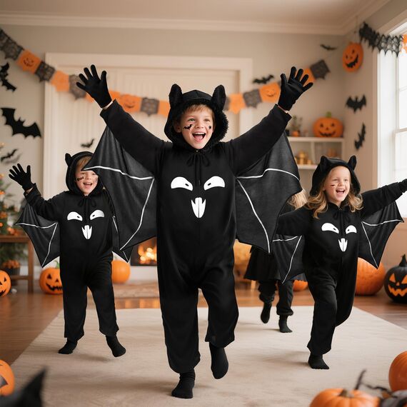 Fledermaus Kostüm Kinder,Unisex Halloween Kostüm Fledermaus Glow in the Dark mit Tattoo & Handschuhe,3-11 Jahre Fledermauskostüm Kinder Junge Mädchen Halloween Fledermausanzüge Karneval Kostüme(XS)