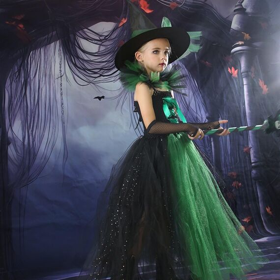 Generisch Hexenkostüm Kinder - Hexenkostüm Mädchen Set 4-Teilig：Hexenhut,Tasche,Kleid Mit Zauberstab Cosplay Elegant Witch Costume Hexe Kostüm Für Faschingskostüme Karneval Kostüm Party