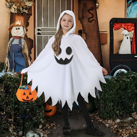 Tankermo Leuchtendes Geister Kostüm Kinder - S/L - Halloween Gespenst Umhang 3-12 Jahre mit Kürbis Bag & Masken Handschuhe,Weiß Geist Kostüm Kinder für Jungen Mädchen Karneval Cosplay