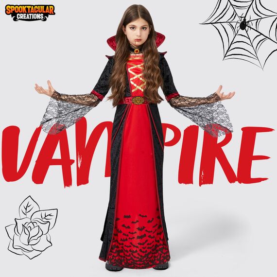 Spooktacular Creations Royal Vampir Kostüm für Mädchen Deluxe Set Halloween gotisch Viktorianische Vampirin Queen Dress Up Party M (8–10 Jahre)