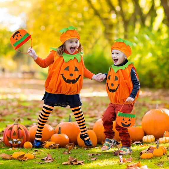 beifon Halloween Kostüm Kinder Kürbis mit Hut und Kürbistasche, Fleece Pumpkin Cosplay Kleinkind 3-7 Jahre für Halloween, Karneval Party