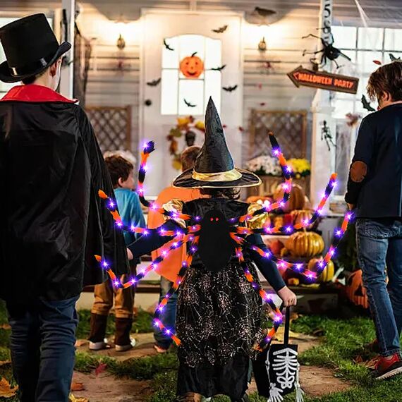 TETSMG Halloween Kostüme Spinne Rucksack, Halloween Deko Horror Plüsch Spinnen Kostüm für Kinder und Erwachsene mit 8 modi Lichtern, Spinnenkostüm, Süßigkeitentasche, Lustige Kostüm Kinder Spinne