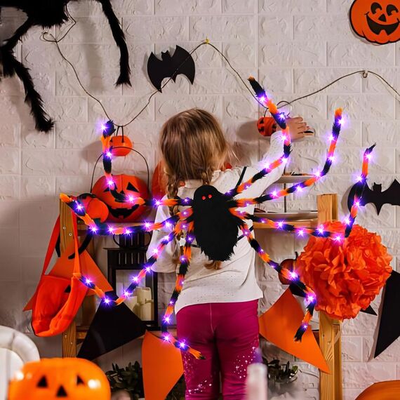 TETSMG Halloween Kostüme Spinne Rucksack, Halloween Deko Horror Plüsch Spinnen Kostüm für Kinder und Erwachsene mit 8 modi Lichtern, Spinnenkostüm, Süßigkeitentasche, Lustige Kostüm Kinder Spinne