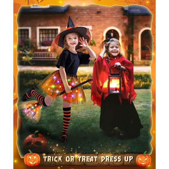 Johiux Hexenkostüm Kinder Mädchen - Halloween Kostüm & Karnevalskleidung mit Zauberhut Bonbontüte für 3-8 Jahre,LED Tüllrock mit Hexen Hut Faschingskostüme Kinder Mädche.
