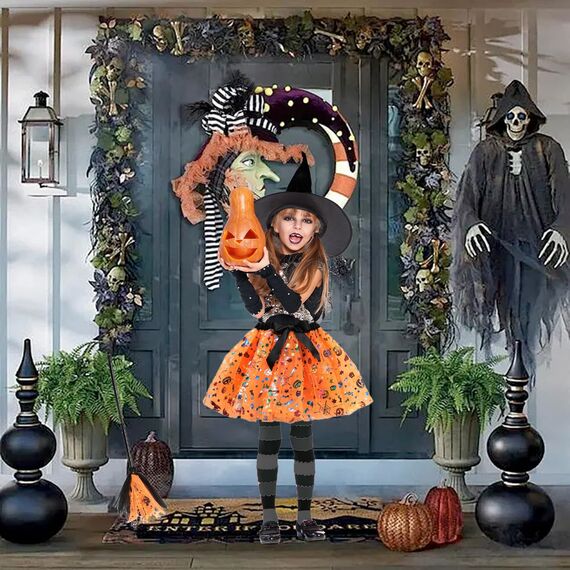 Hexenkostüm Kinder,Halloween Kostüm kinder Hexe Mädchen,Tütü Hexen Verkleidung Set für Halloween mit Hexenhut und Besen,Tüllrock Spinnenkostüm für kinder,Karneval Mottoparty Halloween Accessoiresf