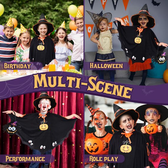Hoiloie Halloween Kostüm Kinder,Fledermaus Umhang,mit 1 * Hut,1*Spinne Trick or Treat Taschen,für Halloween,Karneval, Themenparty,heloweenkostüme,Geeignet für Höhe 90-150cm Mädchen Jungen Kinder