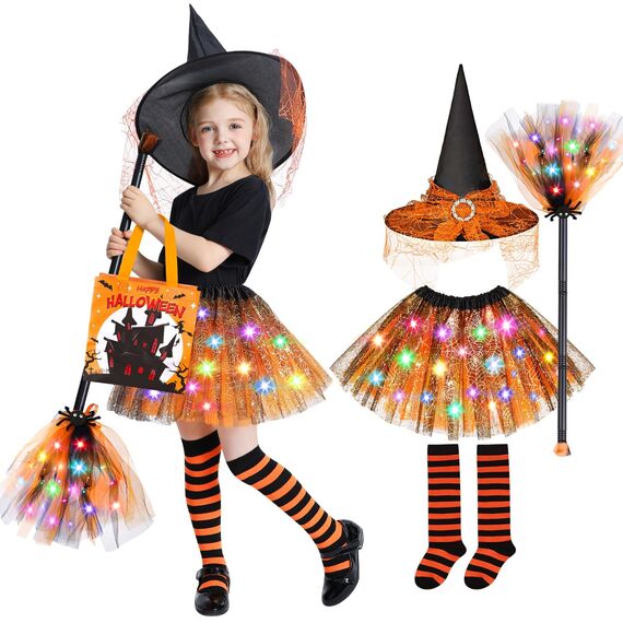 Johiux Hexenkostüm Kinder Mädchen - Halloween Kostüm & Karnevalskleidung mit Zauberhut Bonbontüte für 3-8 Jahre,LED Tüllrock mit Hexen Hut Faschingskostüme Kinder Mädche.