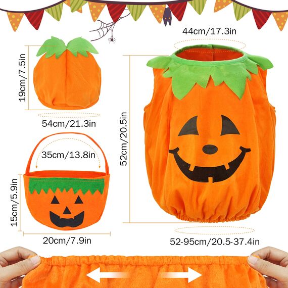 beifon Halloween Kostüm Kinder Kürbis mit Hut und Kürbistasche, Fleece Pumpkin Cosplay Kleinkind 3-7 Jahre für Halloween, Karneval Party
