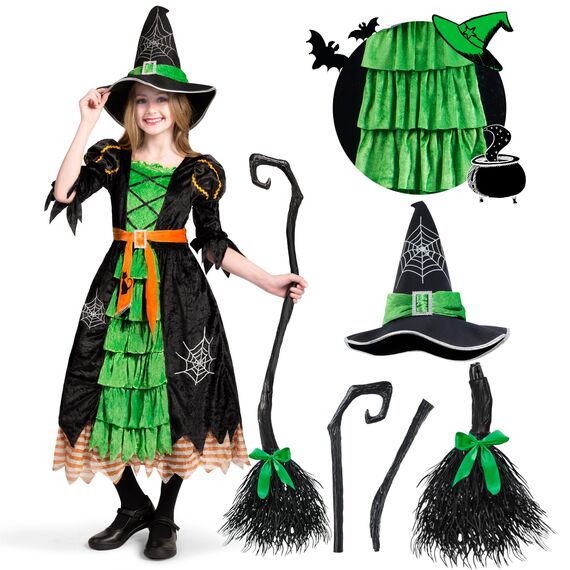 Spooktacular Creations Grün Hexe Kostüm, Hexenkostüm, Karneval Fasching Bekleidung, 3-teiliges Halloween Kostüm Deluxe Set für Mädchen