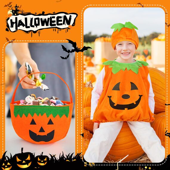 beifon Halloween Kostüm Kinder Kürbis mit Hut und Kürbistasche, Fleece Pumpkin Cosplay Kleinkind 3-7 Jahre für Halloween, Karneval Party
