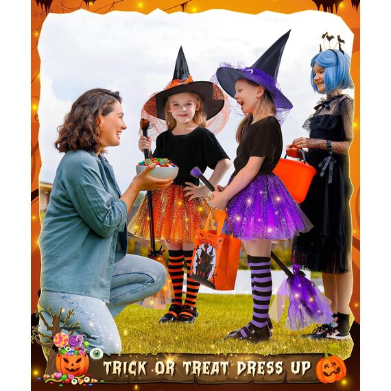 Johiux Hexenkostüm Kinder Mädchen - Halloween Kostüm & Karnevalskleidung mit Zauberhut Bonbontüte für 3-8 Jahre,LED Tüllrock mit Hexen Hut Faschingskostüme Kinder Mädche.