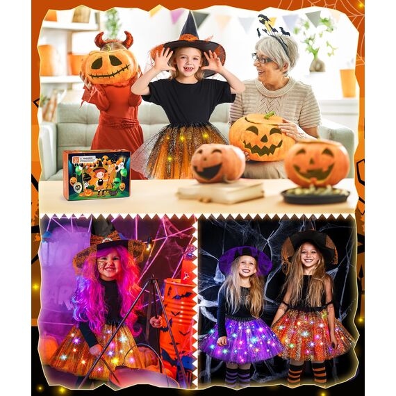 Johiux Hexenkostüm Kinder Mädchen - Halloween Kostüm & Karnevalskleidung mit Zauberhut Bonbontüte für 3-8 Jahre,LED Tüllrock mit Hexen Hut Faschingskostüme Kinder Mädche.