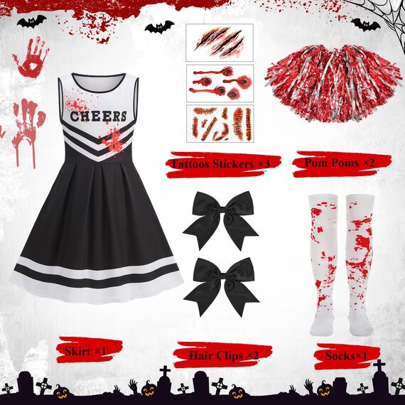 Halloween Kostüm Kinder, Zombie Cheerleader Kostüm, Monster High Faschingskostüme mit Strümpfen Pom Poms Tattoos, 9 PCS Halloween Cheerleader Horror Braut Kostüm für 10-12 Jahre Teenager Mädchen