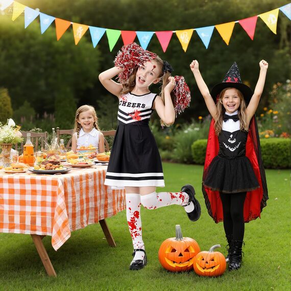 Halloween Kostüm Kinder, Zombie Cheerleader Kostüm, Monster High Faschingskostüme mit Strümpfen Pom Poms Tattoos, 9 PCS Halloween Cheerleader Horror Braut Kostüm für 10-12 Jahre Teenager Mädchen