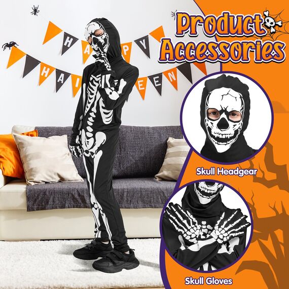 Lubolee Halloween Kostüm Kinder, Skelett Kostüm Kinder Leuchtend für Jungen mit Ganzkörperanzug und Handschuhen Karneval