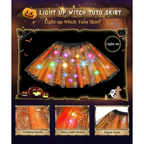 Johiux Hexenkostüm Kinder Mädchen - Halloween Kostüm & Karnevalskleidung mit Zauberhut Bonbontüte für 3-8 Jahre,LED Tüllrock mit Hexen Hut Faschingskostüme Kinder Mädche.