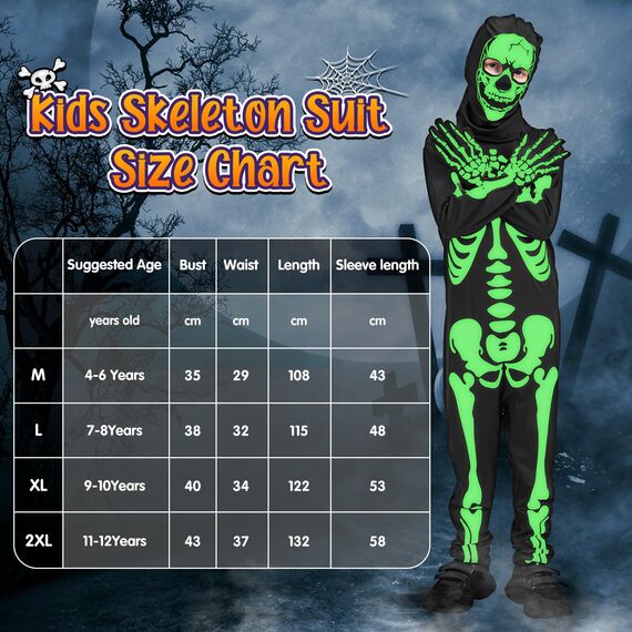 Lubolee Halloween Kostüm Kinder, Skelett Kostüm Kinder Leuchtend für Jungen mit Ganzkörperanzug und Handschuhen Karneval