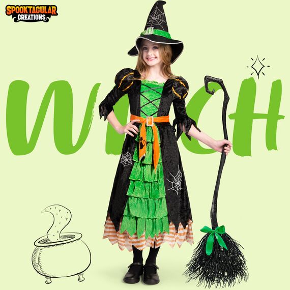 Spooktacular Creations Grün Hexe Kostüm, Hexenkostüm, Karneval Fasching Bekleidung, 3-teiliges Halloween Kostüm Deluxe Set für Mädchen