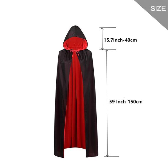 OUQIWEN Vampir Umhang Erwachsene, Halloween Kapuzenumhang, Schwarz Rot Doppelseitig, Cosplay Für Halloween Kostüm (150cm)