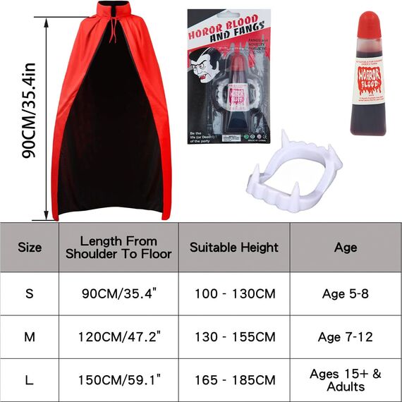 Winwild 3 Stück Vampir Kostüm Kinder Set,90CM Vampir Umhang Halloween mit Vampire Zähne & Kunstblut,5-8 Jahre Halloween Umhang Schwarz Rot Vampire Cape Dracula Kostüm Jungen Mädchen