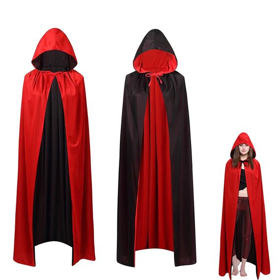 OUQIWEN Vampir Umhang Erwachsene, Halloween Kapuzenumhang, Schwarz Rot Doppelseitig, Cosplay Für Halloween Kostüm (150cm)