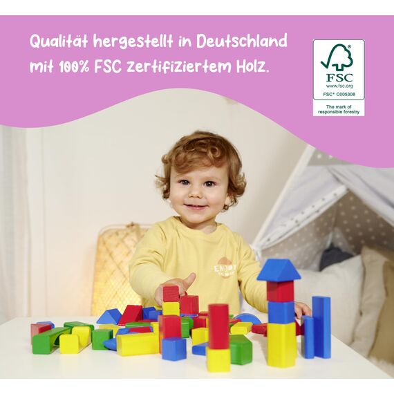 Eichhorn 100010171 100 bunte Holzbausteine in der Aufbewahrungsbox mit Kordel und Sortierdeckel, für Kinder ab 1 Jahr