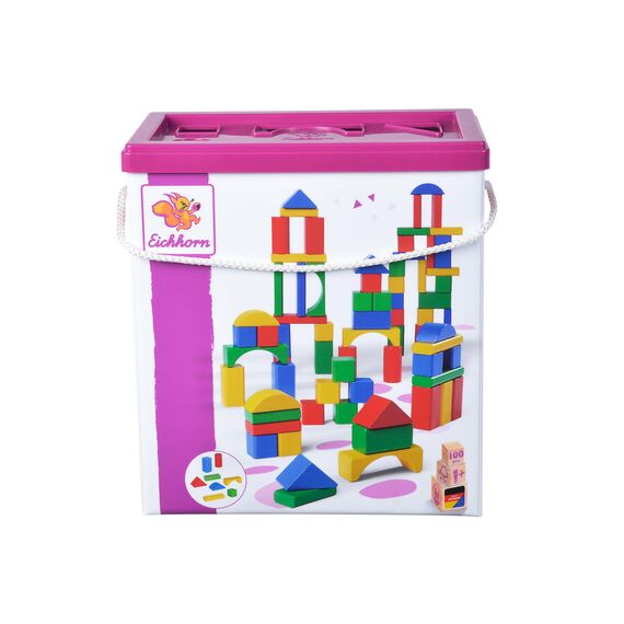 Eichhorn 100010171 100 bunte Holzbausteine in der Aufbewahrungsbox mit Kordel und Sortierdeckel, für Kinder ab 1 Jahr
