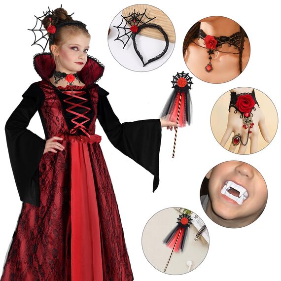 Vampir Kostüm Mädchen - Karneval Kostüm Kinder Vampir Kleid Kostüme Dress Up, Halloween Costume Mädchen Cosplay Gothic Kostüme mit Halskette und Vampire Zähne für Fasching Karneval Dracula Party